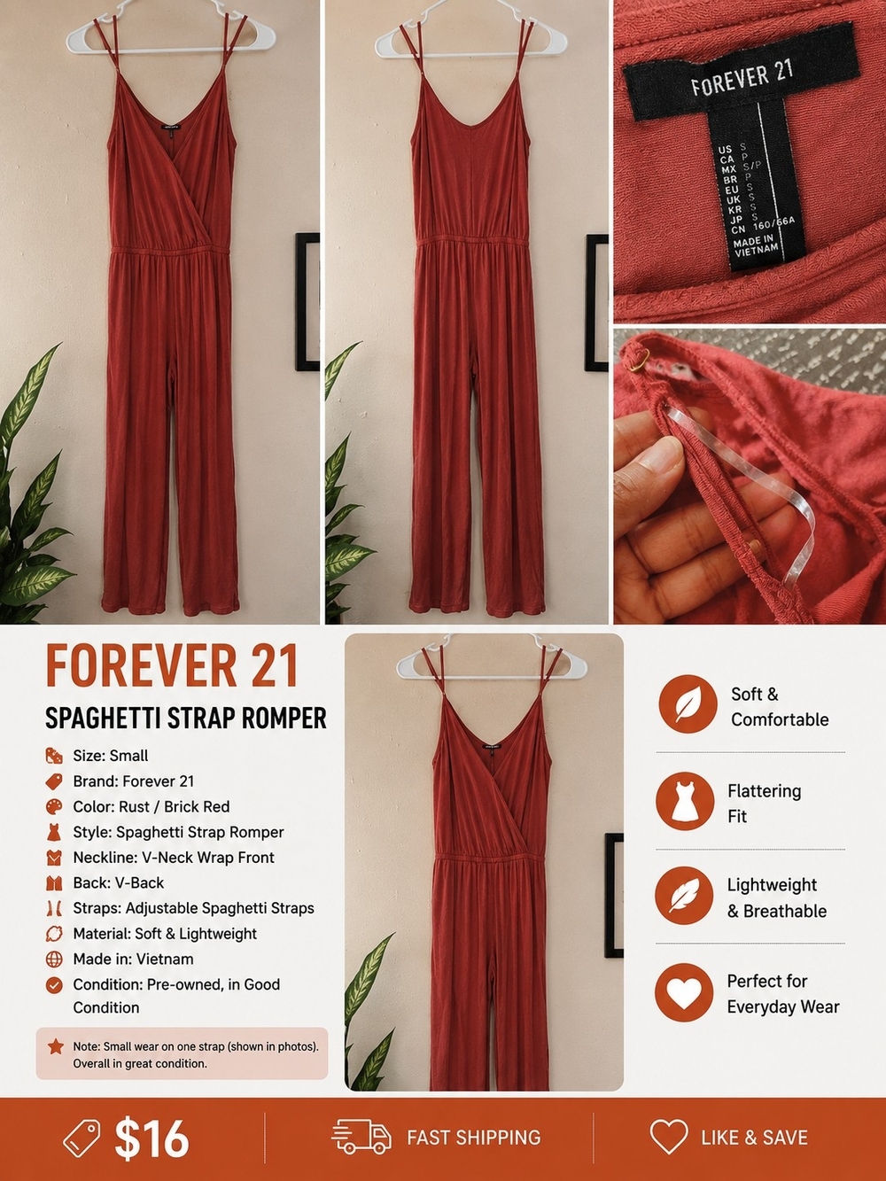 Forever 21 Brick Red Spaghetti Strap Jumpsuit